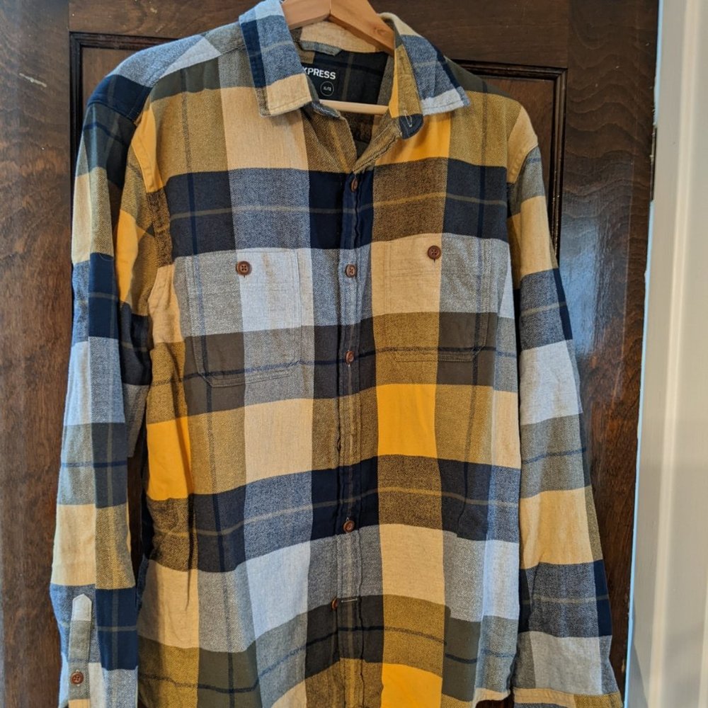 MENS XL EXPRESS FLANNEL BUTTON DOWN YELLOW/BLUE
